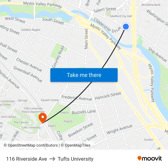 116 Riverside Ave to Tufts University map