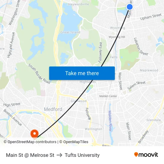 Main St @ Melrose St to Tufts University map