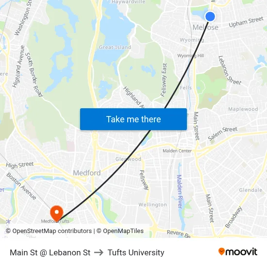 Main St @ Lebanon St to Tufts University map