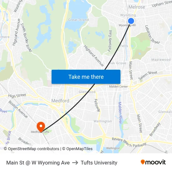 Main St @ W Wyoming Ave to Tufts University map