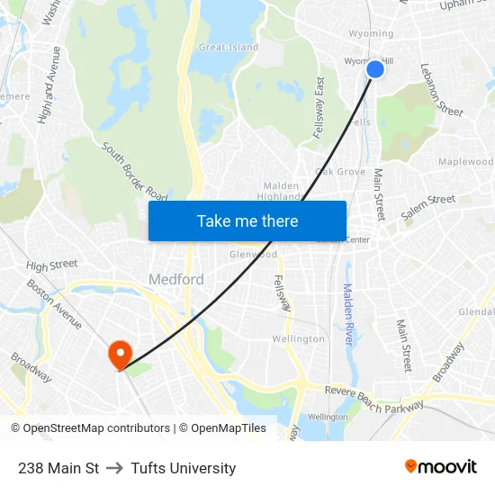 238 Main St to Tufts University map