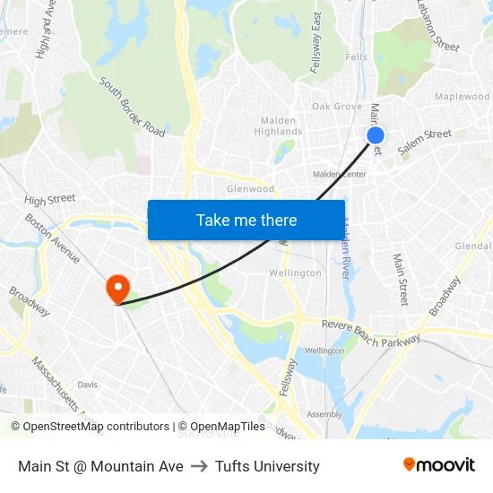 Main St @ Mountain Ave to Tufts University map
