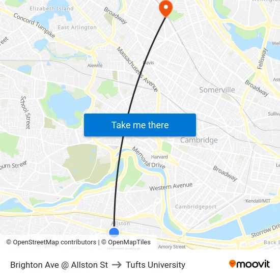 Brighton Ave @ Allston St to Tufts University map