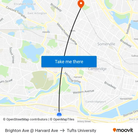 Brighton Ave @ Harvard Ave to Tufts University map