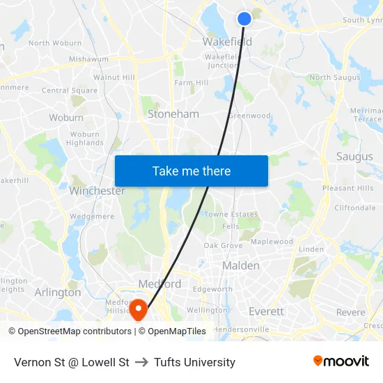 Vernon St @ Lowell St to Tufts University map