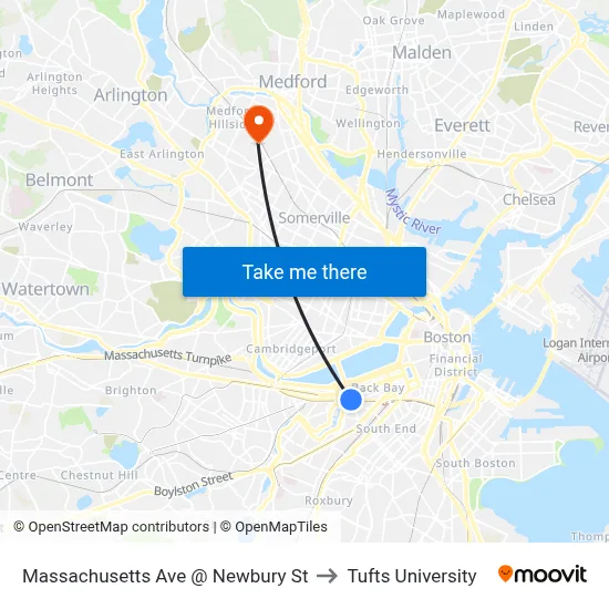 Massachusetts Ave @ Newbury St to Tufts University map