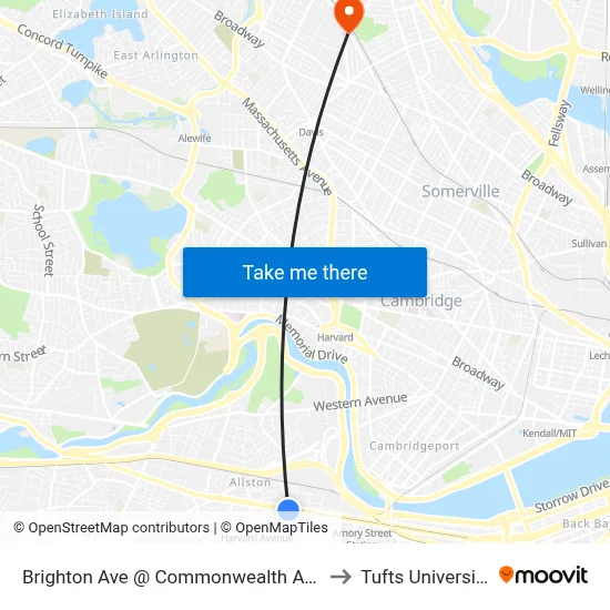 Brighton Ave @ Commonwealth Ave to Tufts University map