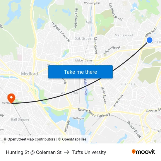 Hunting St @ Coleman St to Tufts University map
