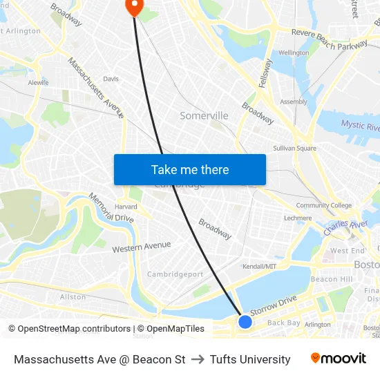Massachusetts Ave @ Beacon St to Tufts University map