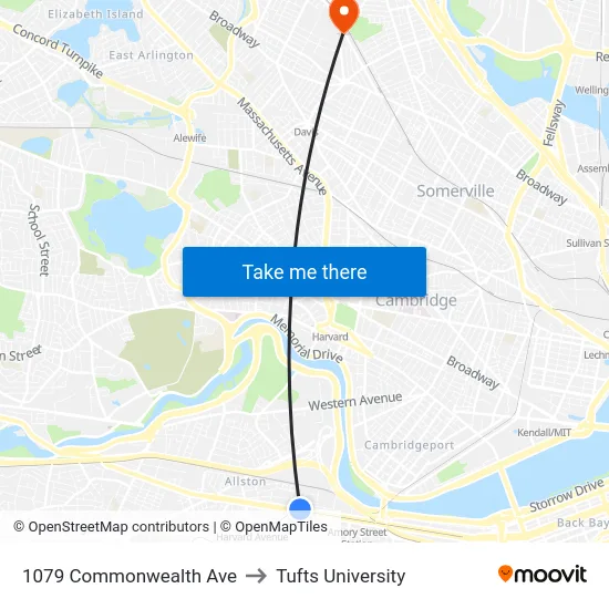 1079 Commonwealth Ave to Tufts University map