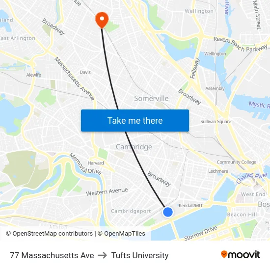 77 Massachusetts Ave to Tufts University map