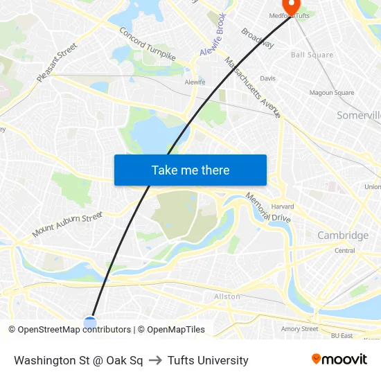 Washington St @ Oak Sq to Tufts University map