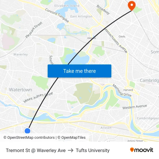 Tremont St @ Waverley Ave to Tufts University map