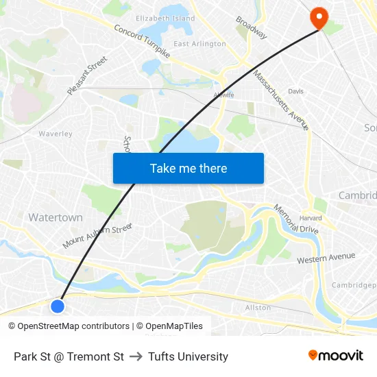 Park St @ Tremont St to Tufts University map