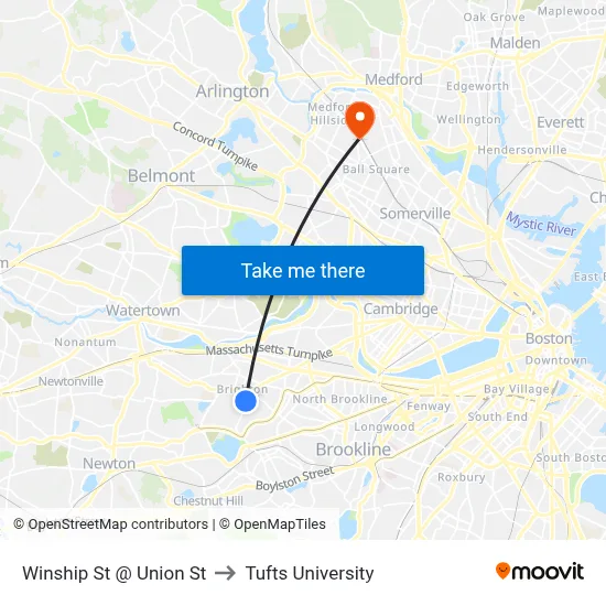 Winship St @ Union St to Tufts University map