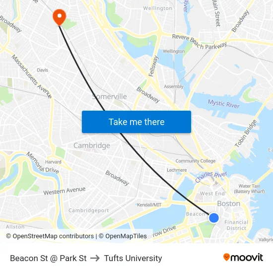 Beacon St @ Park St to Tufts University map