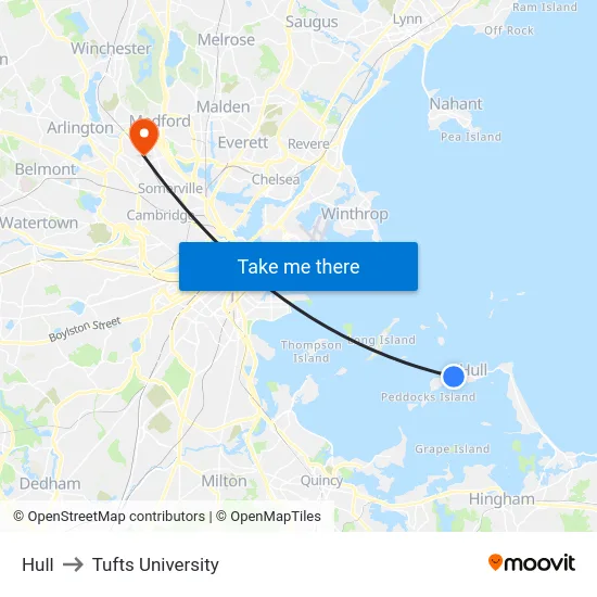 Hull to Tufts University map