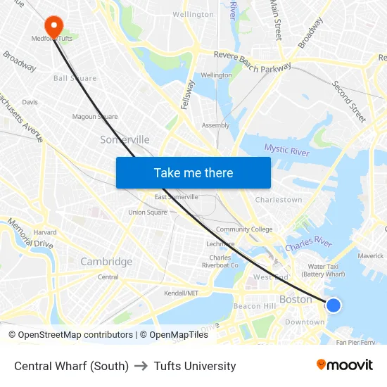 Central Wharf (South) to Tufts University map
