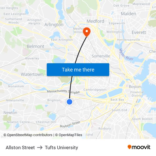 Allston Street to Tufts University map