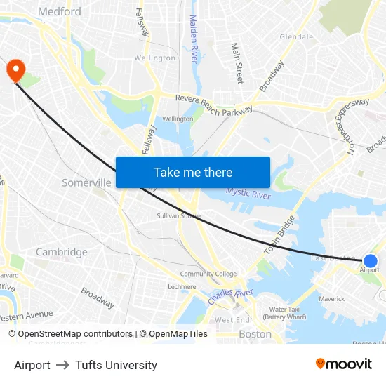 Airport to Tufts University map