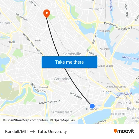 Kendall/MIT to Tufts University map
