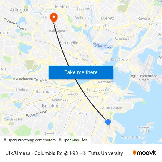 Jfk/Umass - Columbia Rd @ I-93 to Tufts University map