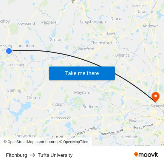 Fitchburg to Tufts University map