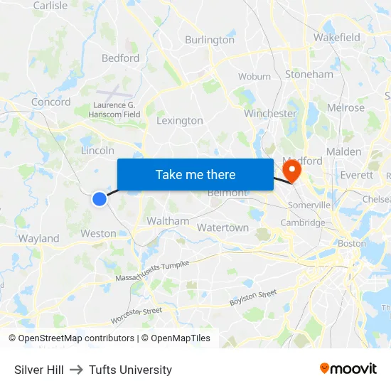 Silver Hill to Tufts University map