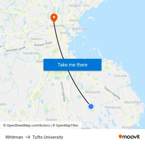 Whitman to Tufts University map