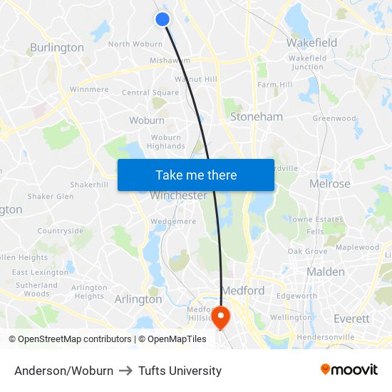 Anderson/Woburn to Tufts University map