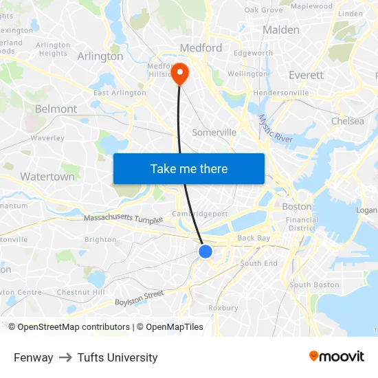 Fenway to Tufts University map