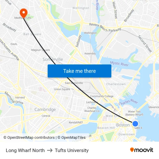 Long Wharf North to Tufts University map