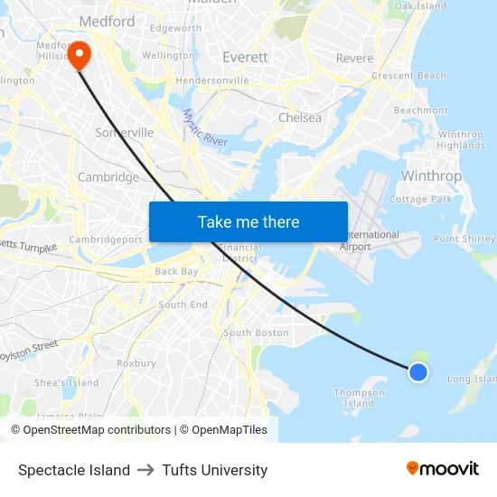 Spectacle Island to Tufts University map