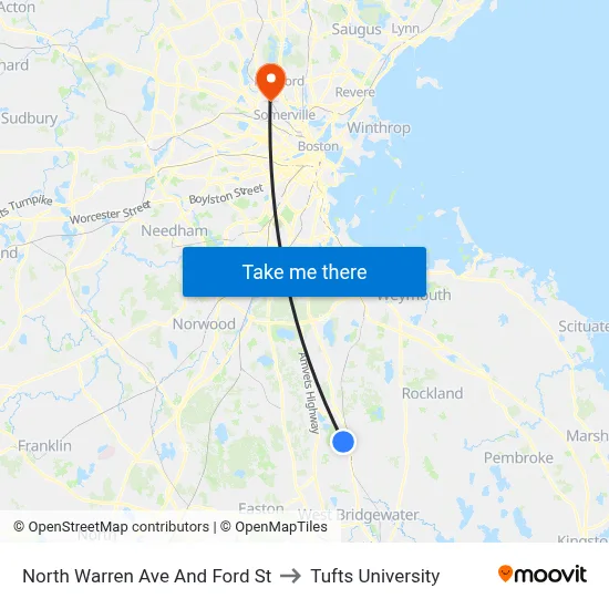 North Warren Ave And Ford St to Tufts University map