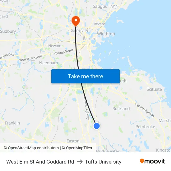 West Elm St And Goddard Rd to Tufts University map