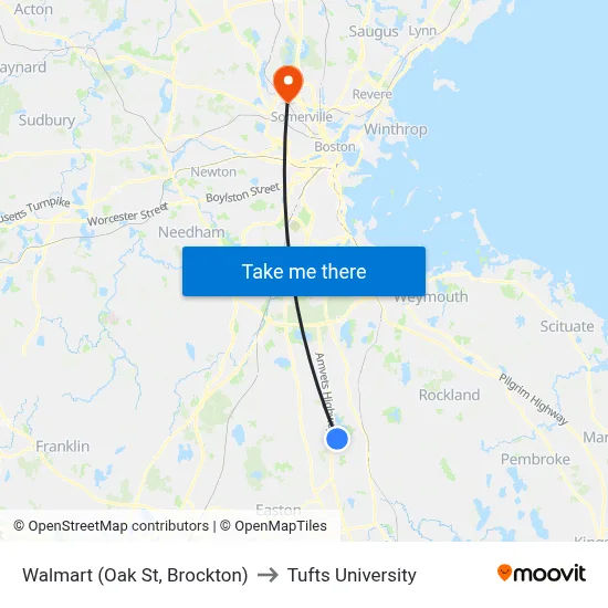 Walmart (Oak St, Brockton) to Tufts University map