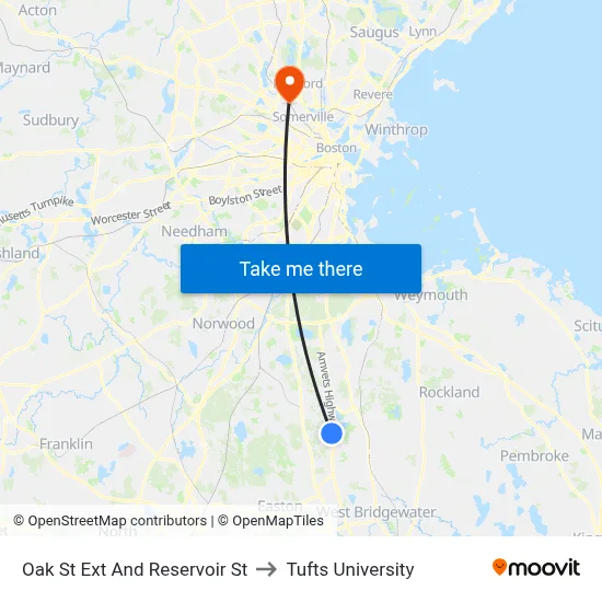 Oak St Ext And Reservoir St to Tufts University map
