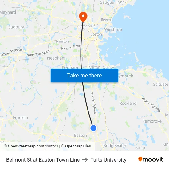 Belmont St at Easton Town Line to Tufts University map