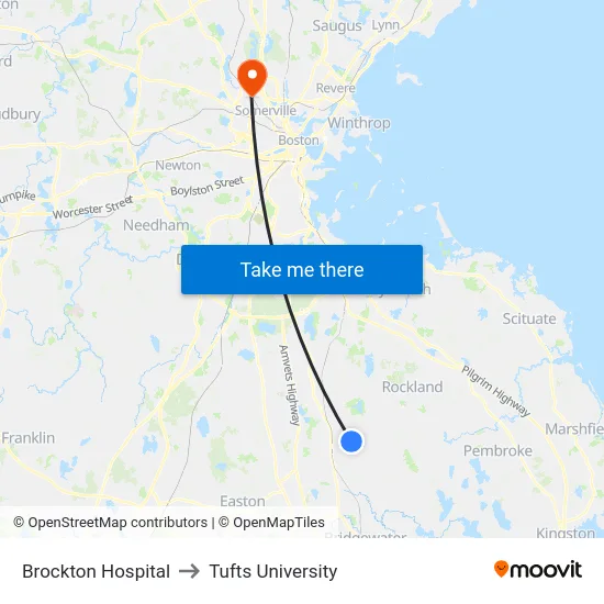 Brockton Hospital to Tufts University map