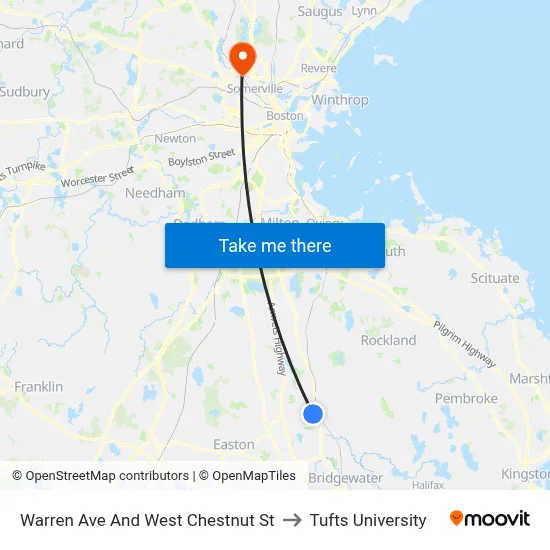 Warren Ave And West Chestnut St to Tufts University map