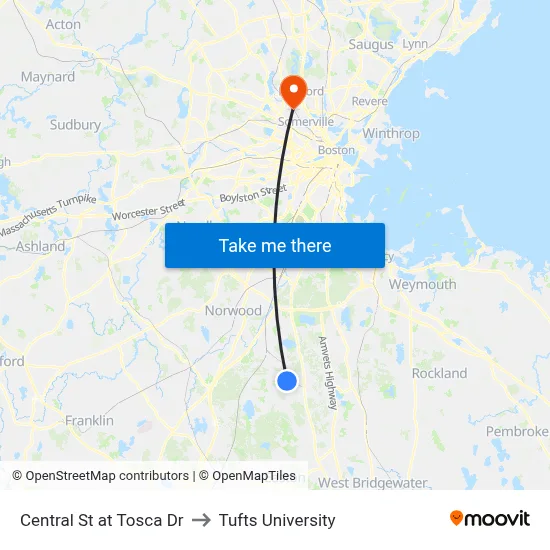 Central St at Tosca Dr to Tufts University map