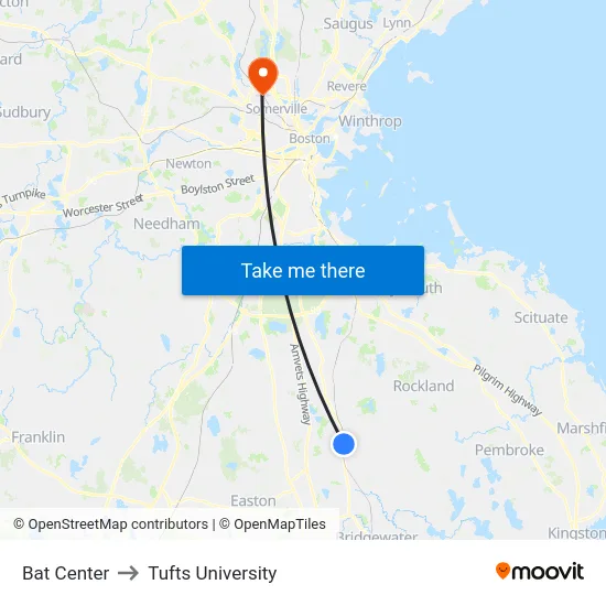 Bat Center to Tufts University map