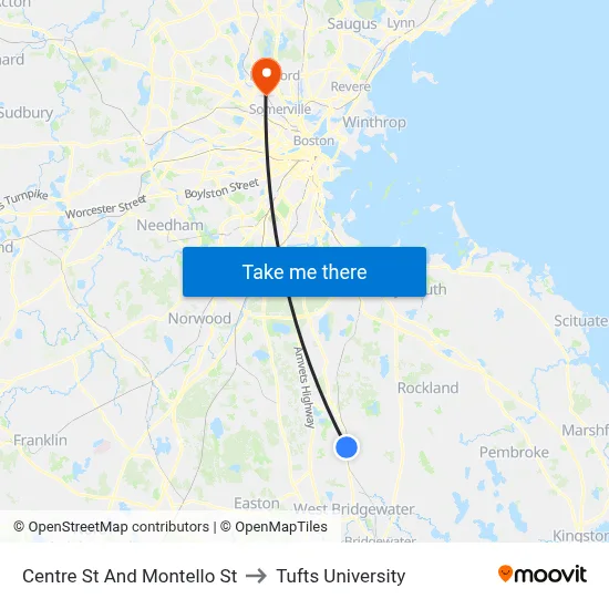 Centre St And Montello St to Tufts University map