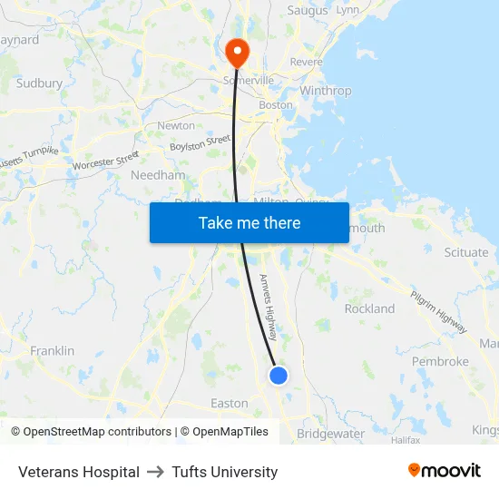 Veterans Hospital to Tufts University map