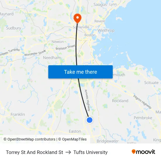Torrey St And Rockland St to Tufts University map