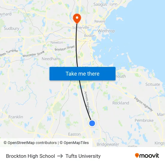 Brockton High School to Tufts University map