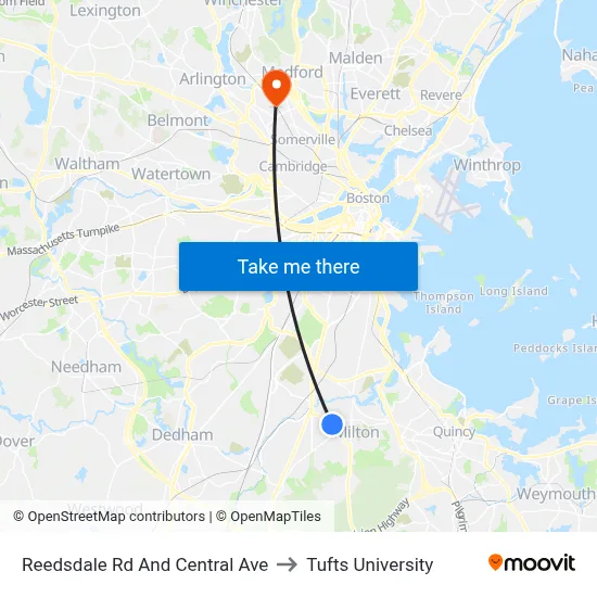 Reedsdale Rd And Central Ave to Tufts University map