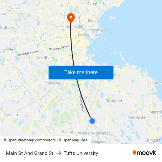 Main St And Grand St to Tufts University map