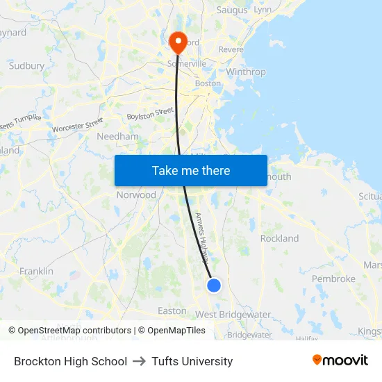Brockton High School to Tufts University map