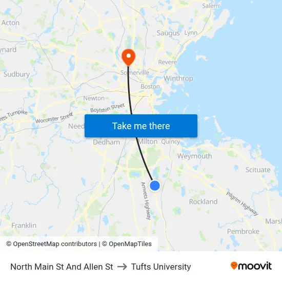 North Main St And Allen St to Tufts University map